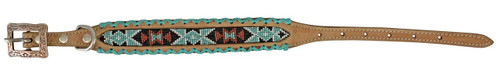 Showman Couture Leather Dog Collar w/ Beaded Inlay & Teal Rawhide Lacing