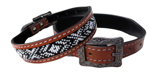 Showman Couture Genuine Leather Dog Collar w/ Black & White Navajo Beaded Inlay