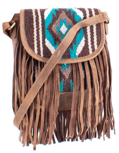 Showman Genuine Leather Teal & Brown Saddle Blanket Crossbody Bag w/ Fringe