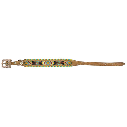 Showman Couture Leather Dog Collar w/ Beaded Inlay & Rawhide Edge 