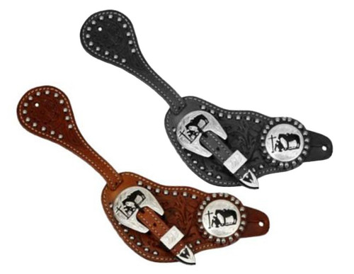 Showman Men's Tooled Leather Spur Straps w/ Silver Engraved Praying Cowboy Conchos