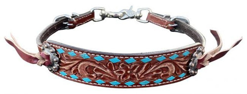 Showman Tooled Leather Wither Strap w/ Teal Rawhide Buckstitch