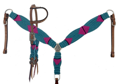 Showman Pink & Teal Corded Single Ear Headstall & Breast Collar Set