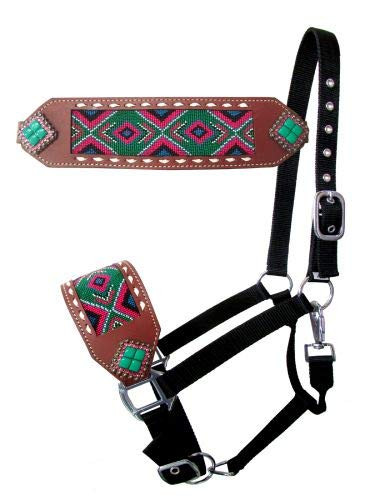 Showman Bronc Halter w/ Green & Pink Navajo Beaded Design