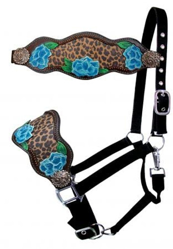 Showman Bronc Halter w/ Blue Flower & Cheetah Design Leather Noseband