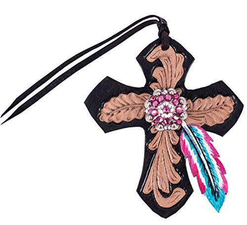Showman Black Leather Tie-On Cross w/ Pink & Turquoise Feather
