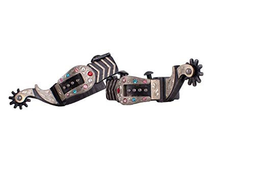 Showman Ladies Antique Gray Steel Spurs w/ Engraved Silver Overlay & Buckle Tip w/ Multicolor Rhinestones