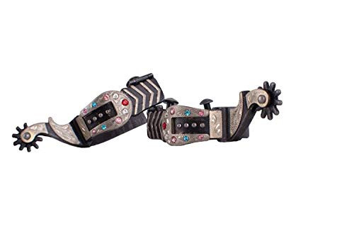 Showman Ladies Antique Gray Steel Spurs w/ Engraved Silver Overlay & Buckle Tip w/ Multicolor Rhinestones