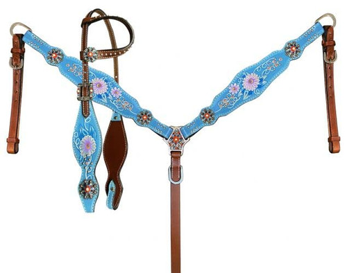 Showman Single Ear Leather Headstall & Breast Collar Set Painted Blue w/ Flower Accents