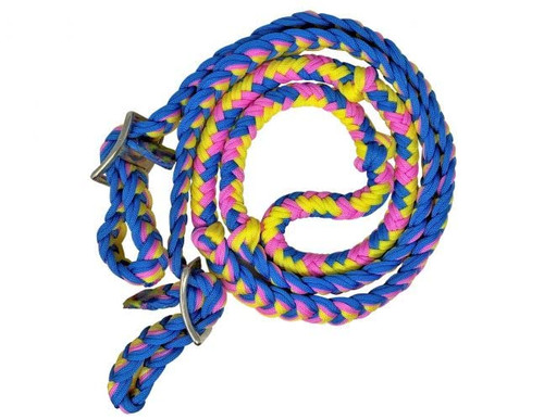 Showman Blue, Yellow & Pink Braided Nylon Barrel Reins