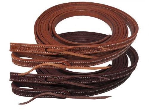 Showman 5/8" x 8' Argentina Cow Leather Barbed Wire Tooled Split Reins