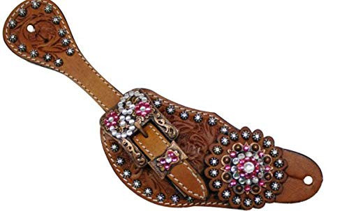 Showman Ladies Leather Spur Straps w/ Vintage Style Buckles & Pink Rhinestone Conchos