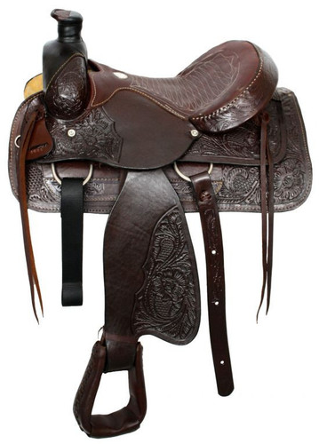 16" Acorn Tooled Buffalo Roper Style Saddle With Smooth Leather Seat