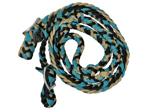 Showman Teal, Tan & Black Braided Nylon Barrel Reins w/ Easy Grip Knots