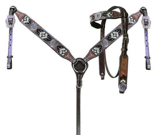 Showman Dark Leather Beaded Inlay Browband Headstall & Breast Collar Set