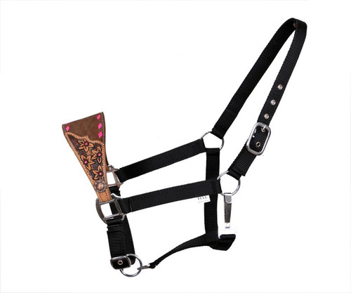 Showman Black Nylon Bronc Halter w/ Floral Tooled Noseband