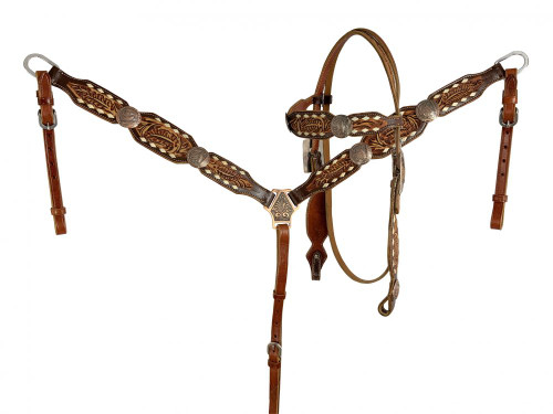 Showman Tooled Leather Headstall & Breast Collar Set w/ Buckstitch Trim