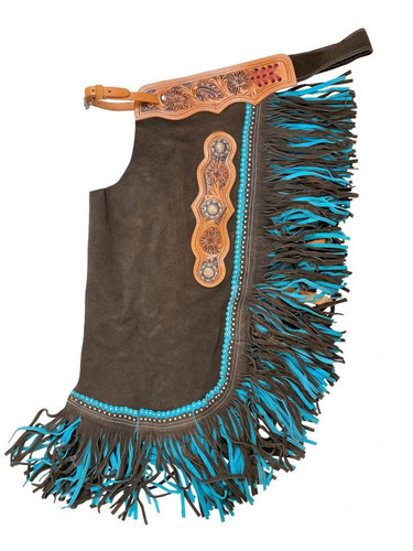 Showman Brown Suede Leather Chinks w/ Mixed Blue Fringe