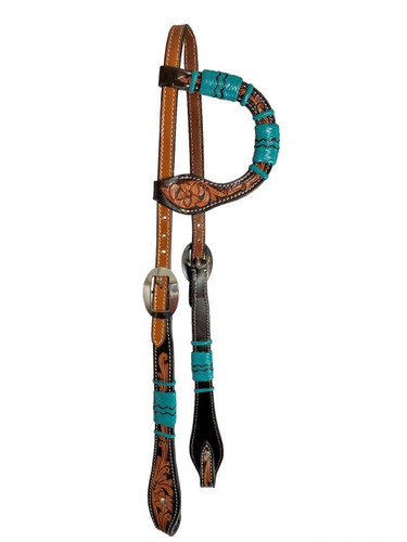 Showman Floral Tooled Single Ear Leather Headstall w/ Teal Rawhide Accents