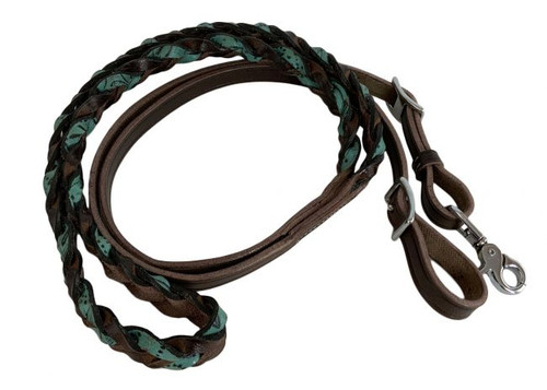 Showman Miracle Braid Leather Contest/Roping Rein w/ Teal Accent