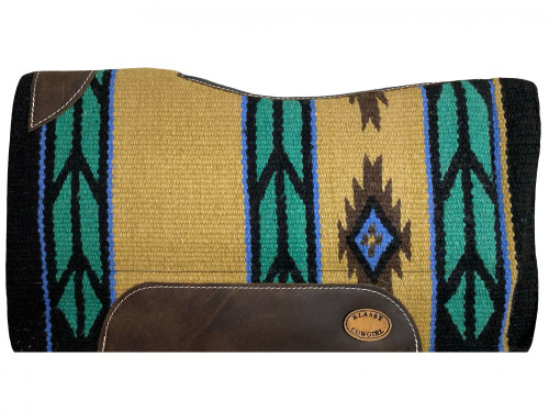 Klassy Cowgirl 28" x 30" Mustard, Black & Turquoise Aztec Wool Top Saddle Pad