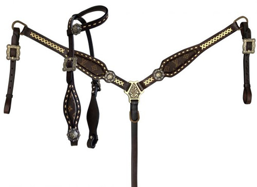 Klassy Cowgirl Leather Headstall & Breast Collar Set w/ Louis Vuitton Inlays