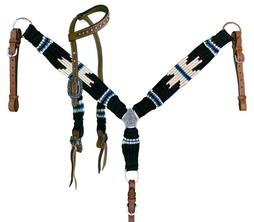 Showman Pony Black, Blue & Cream Corded Single Ear Headstall & Breast Collar Set