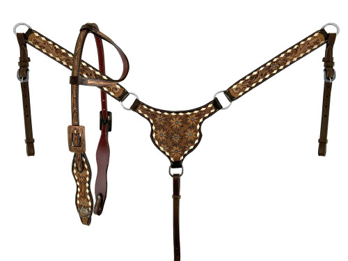 Showman Flower Tooled Buckstitch Single Ear Headstall & Breast Collar Set