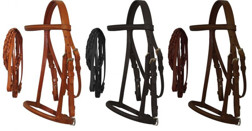 Horse Size English Headstall w/ Raised Browband & Braided Leather Reins