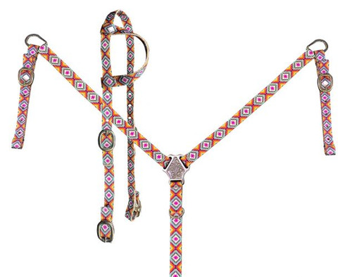 Showman Pink & Yellow Aztec Print Nylon Headstall & Breast Collar Set