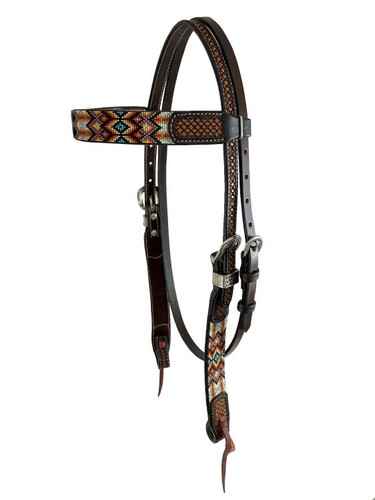 Showman Two Tone Argentina Cow Leather Browband Headstall w/ Aztec Beaded Inlays