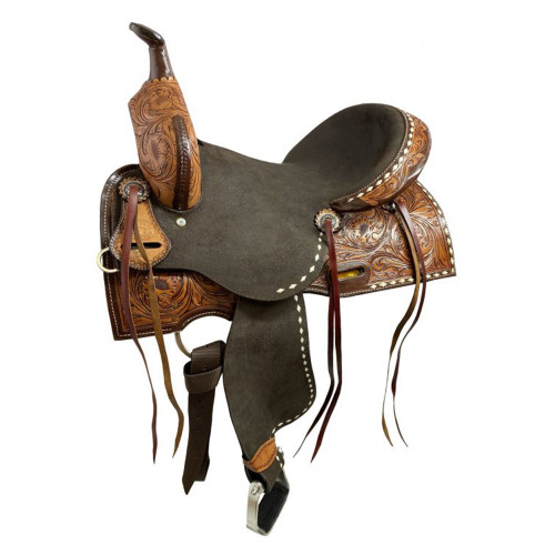 Double T Roughout Barrel Saddle w/ Floral Tooling & White Buckstitch - 14, 15, 16 Inch