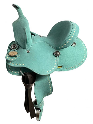 10" Double T Barrel Style Saddle w/ Teal Rough Out Leather