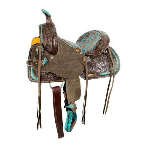 12" Double T Barrel Style Saddle w/ Teal Gator Patchwork Pattern