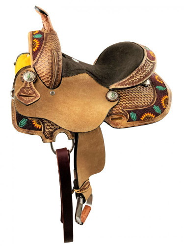 12", 13" Double T Youth Hard Seat Barrel Style Saddle w/ Cactus & Sunflower Beaded Accents