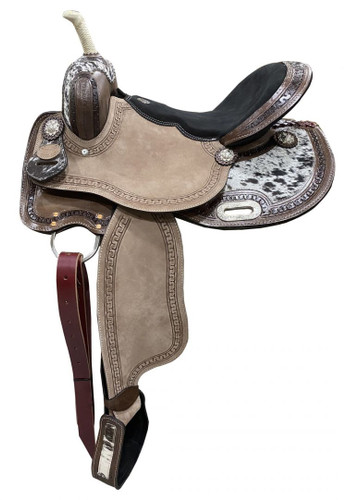 Double T 15" Barrel Style Saddle w/ Hair-on Cowhide Inlay Double T 15" Barrel Style Saddle w/ Hair-on Cowhide Inlay