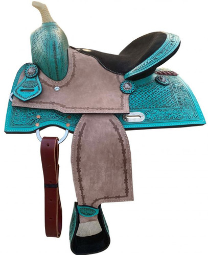 13" Double T Teal Pony/Youth Saddle w/ Rough Out Accents