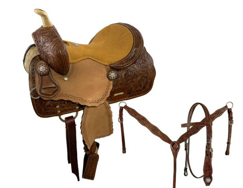 12" Double T Medium Oil Youth Barrel Style Saddle Set w/ Suede Seat 12" Double T Medium Oil Youth Barrel Style Saddle Set w/ Suede Seat