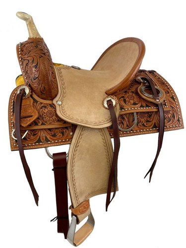12" Double T Hard Seat Barrel Style Saddle w/ Floral Tooling 12" Double T Hard Seat Barrel Style Saddle w/ Floral Tooling