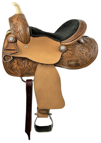 12", 13" Double T Youth Barrel Style Saddle w/ Floral Tooling & Iridescent Crystal Rhinestone Conchos