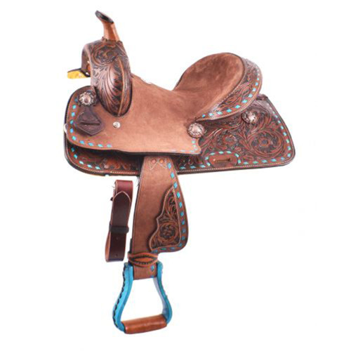 12" Double T Youth Hard Seat Barrel Style Saddle w/ Turquoise Buckstitch Trim
