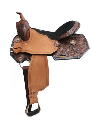 16" Double T Barrel Style Saddle w/ Amber Colored Rhinestones & Floral Tooling 16" Double T Barrel Style Saddle w/ Amber Colored Rhinestones & Floral Tooling