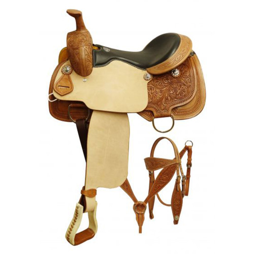 Double T Roper Style Saddle Set w/ Floral Tooling - 16 Inch