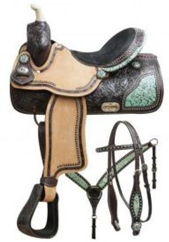 15", 16" Double T Barrel Saddle Set w/ Teal Filigree Inlay 15", 16" Double T Barrel Saddle Set w/ Teal Filigree Inlay