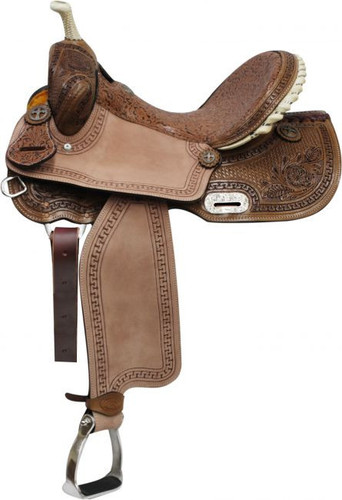 14", 15", 16" Double T Barrel Style Saddle w/ Brown Filigree Seat & Tooling 14", 15", 16" Double T Barrel Style Saddle w/ Brown Filigree Seat & Tooling