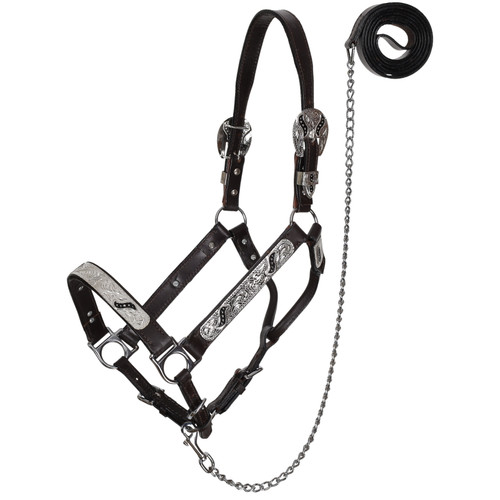 Showman Silver & Black Scroll Leather Show Halter with Lead - Average