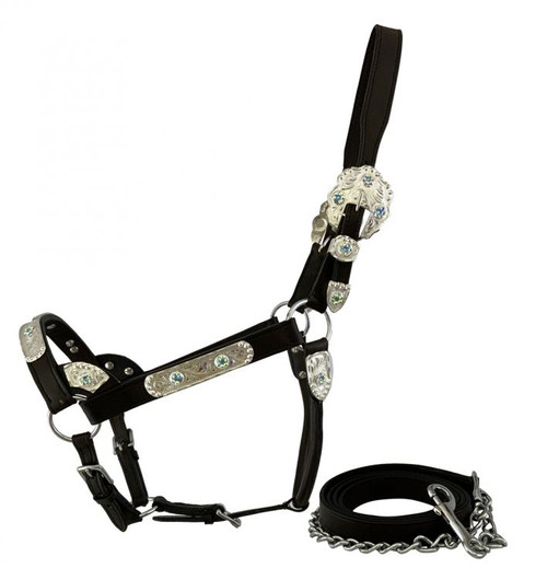 Leather Show Halter w/ Engraved Silver & Blue Rhinestones