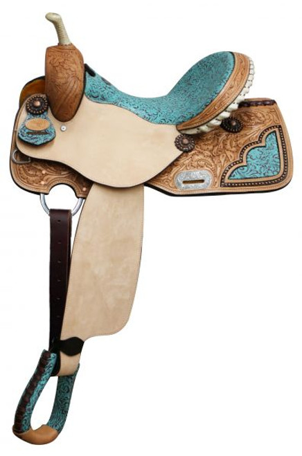 14", 15", 16" Double T Barrel Style Saddle with Filigree Print Seat with Full QH Bars