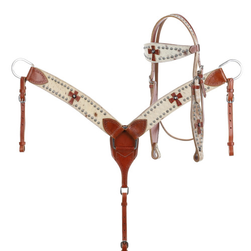 Showman Leather Headstall & Breast Collar Set w/ Genuine Cowhide & Leather Crosses