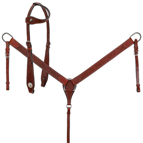 Showman Floral Tooled Leather Single Ear Headstall, Breast Collar & Reins Set